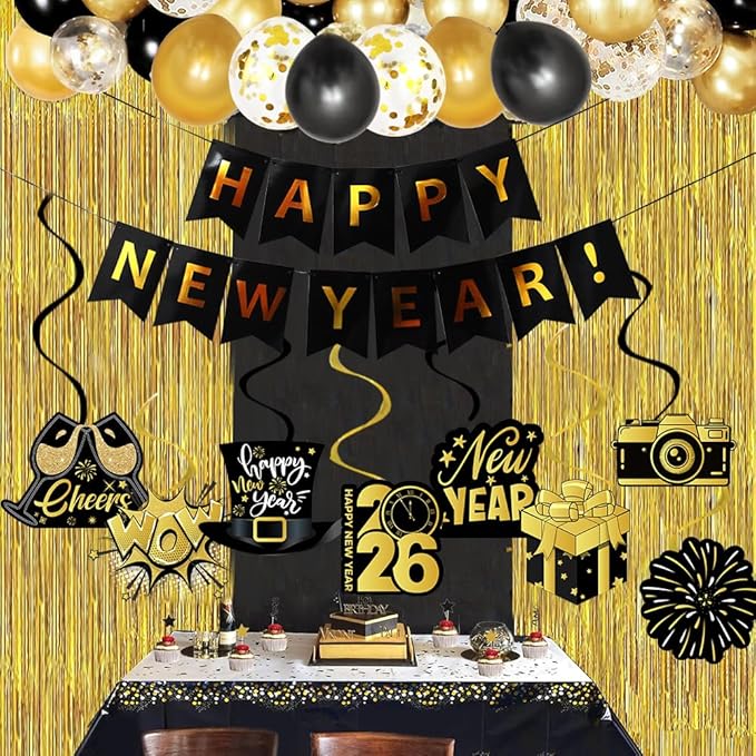 Happy New Year Decorations 2026, New Year Eve Party Supplies Decor Banner Headbands, Glasses, Hanging Swirl, 2026 Foil Balloons, Happy New Years Balloons, Fringe Curtain NYE Decorations