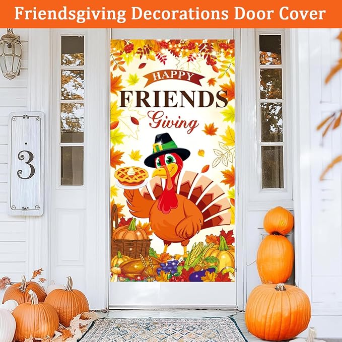 Happy Friendsgiving Decorations Door Cover Banner Large Size for Thanksgiving Friends Giving Themed Party Decorations Indoor Outdoor Supplies 71x35inch