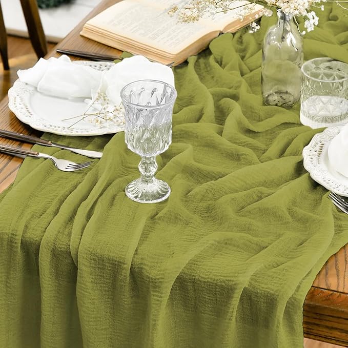 Artoid Mode Boho Cheesecloth Gauze Grass Green Wedding Table Runner, 160 Inch Seasonal Spring Fabric Kitchen Dining Holiday Table Decor for Home Party Indoor