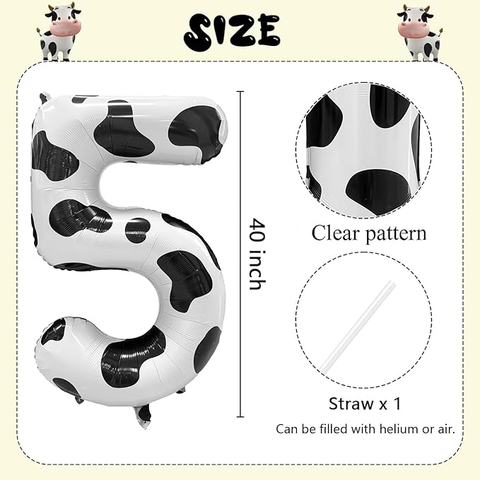 Cow Print Number Balloons, Large Foil Number 5 Balloon 40 Inch Cow Balloon for Boys Girls Birthday Decoration Cow Themed Birthday Party Decorations Farm Animal Party Supplies