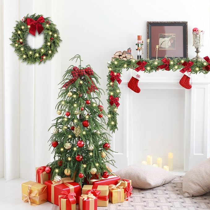 9ft Christmas Garland with Lights,Lighted Cedar Garland for Mantle,Prelit Real Touch Artificial Green Christmas Winter Garland with Large Burgundy Velvet Bow for Indoor Outdoor Decor