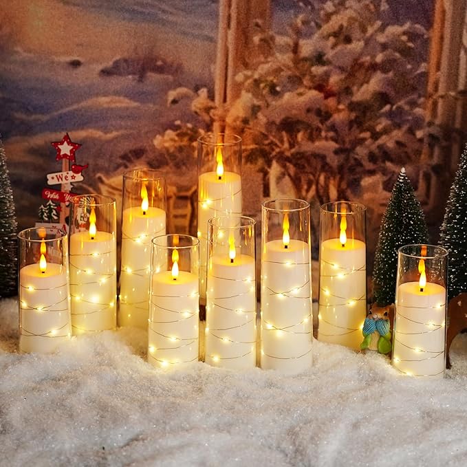Flameless Candles with Embedded Star String - Battery Operated LED Candles, with Remote,12 White Flickering Candles for Christmas, Weddings, Home Decor & Party,(D 2.3"×H 5" 6" 7")