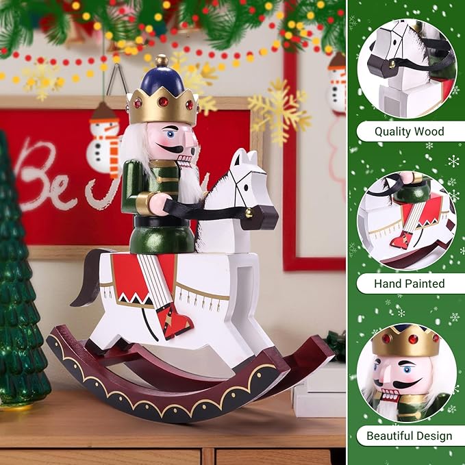 11" Wooden Rocking Horse Soldier Nutcracker, Festive Christmas Decoration, Handcrafted Nutcracker Collectible Christmas Decor for Tabletop, Shelves, and Fireplace Mantel