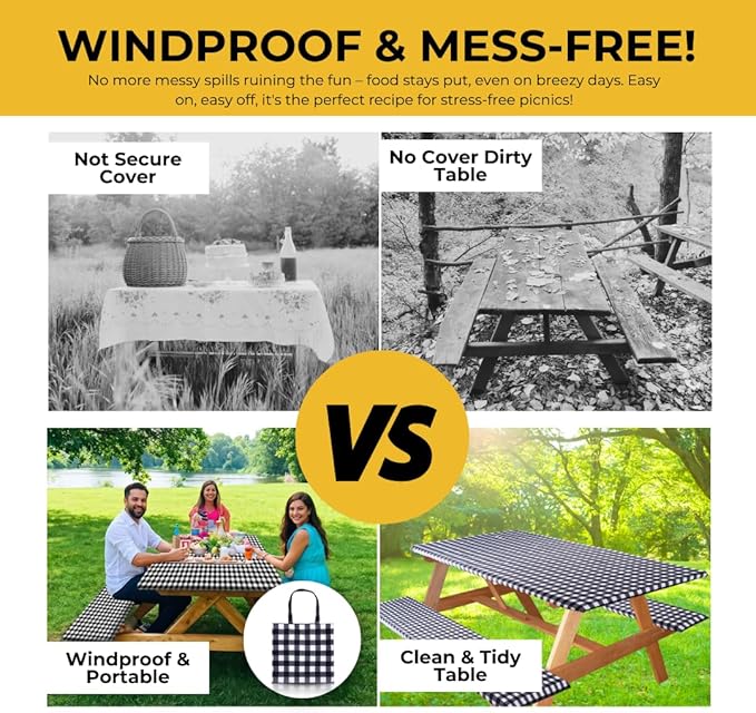 RNOONY 6ft Polyester Picnic Table Cover with Bench Covers Windproof & Waterproof Tablecloth, Perfect for Camping Gifts & RV Essentials, Cool Camping Gadgets with Carrying Bag, 72x30 Inches,4Pcs,Black