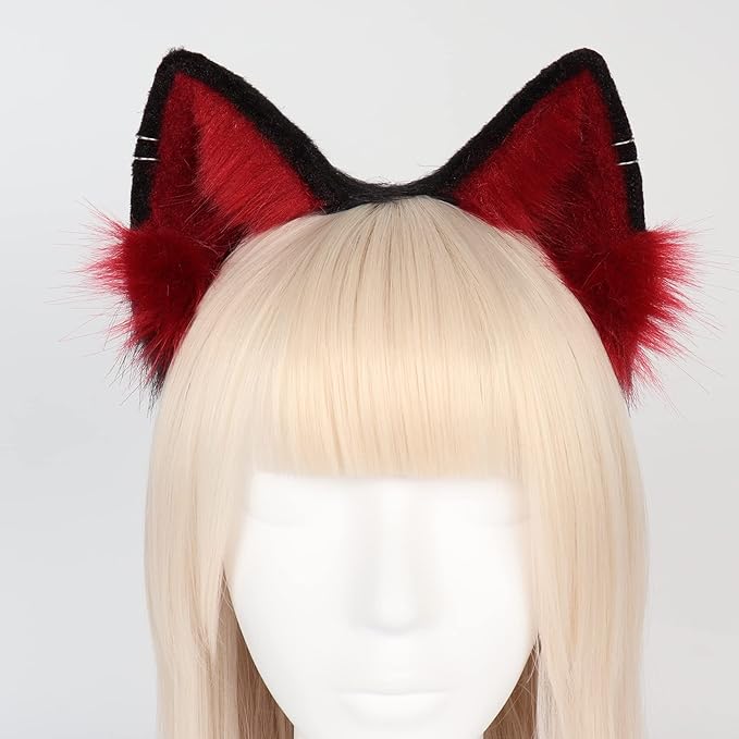 QinRuan Animal Cosplay Costume Accessories Furry Faux Fur Cat Ears Headband and Fox Tail Set Halloween Accessory