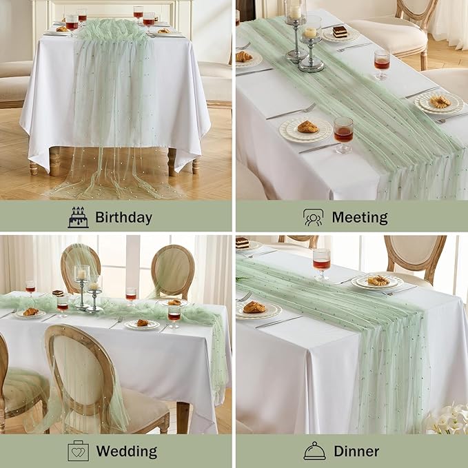 Fanami 3 Pack Pearl Table Runner -10FT Sage Green Boho Tulle Table Runners 120 Inches Long Rustic Sheer Lace Fabric Centerpieces for Wedding Arch Birthday Party Bridal Veil Baby Shower Decorations