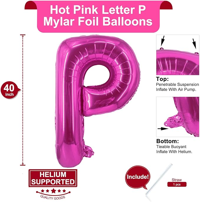 Lovoir 40 Inch Large Hot Pink Letter P Balloons Big Size Jumbo Mylar Foil Helium Balloon for Birthday Party Celebration Decorations Alphabet Hot Pink P