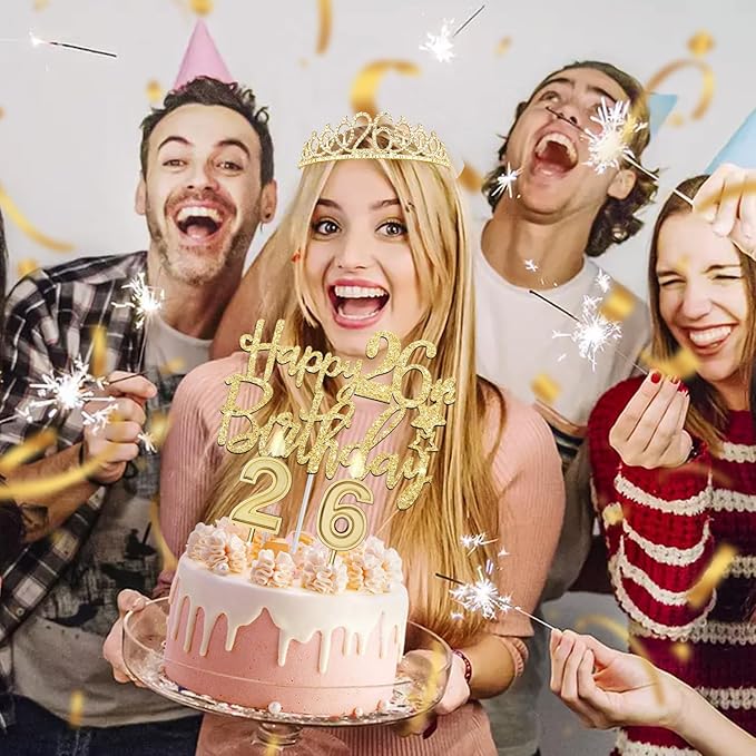 26th Birthday Decorations for Women Gold Set with 26th Birthday Tiara and Sash, Cake Topper and Candles, Number Balloons, 26 Year Old Gifts for Women