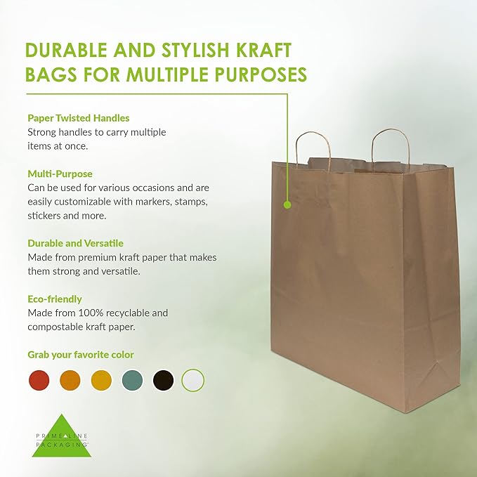 Prime Line Packaging Brown Paper Bags, Extra Large Gift Bags wth Handles for Small Business, Shopping, Boutique & Grocery Use, Retail Store, Bulk, 18x7x18.75, 100 Pack