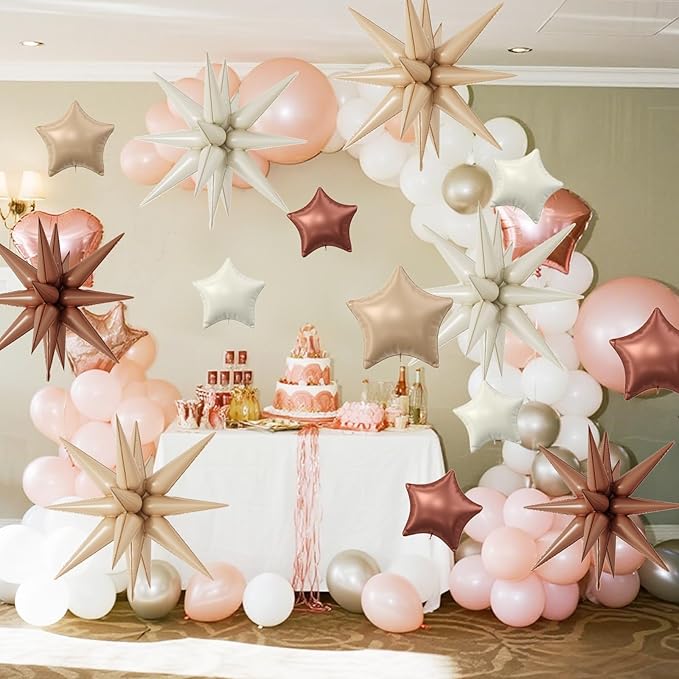 18 Pcs Cream Star Balloons, Caramel Brown Balloon with 6 Pcs 22-Inch Explosion Star Balloons 12Pcs 10-Inch Four Pointed Stars Foil Balloon for Boho Wedding Baby Shower Birthday Party Decoration