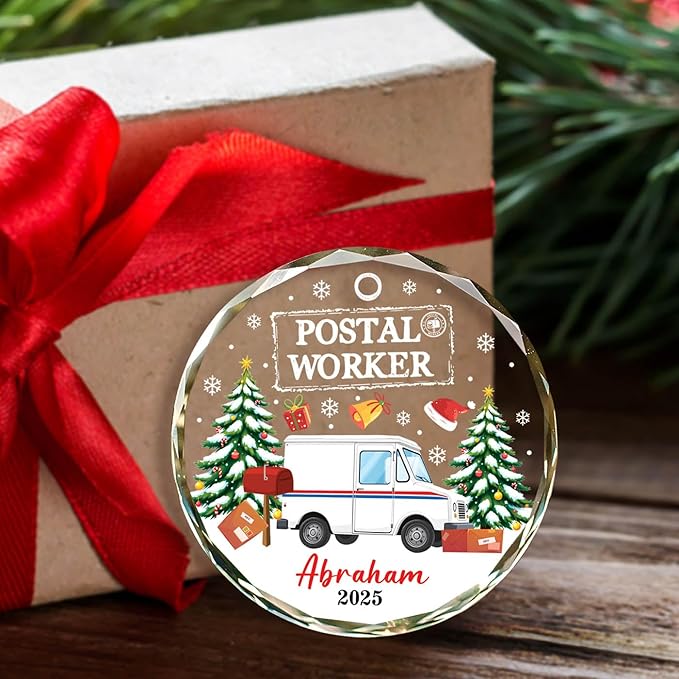 Postal Worker Glass Ornaments, Mail Carrier Christmas Tree Ornament Custom Name, Xmas Holiday Keepsake Gifts for Mailman Postman, Personalized Merry Christmas Postal Worker Ornament Gifts Ideas