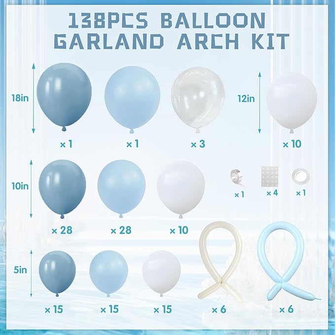 Dusty Blue Balloons Arch Kit 138 Pcs Light Blue and White Balloon Arch Garland Bow Party Balloons for Baby Shower Gender Reveal Wedding Birthday Decorations Boy Gender Reveal