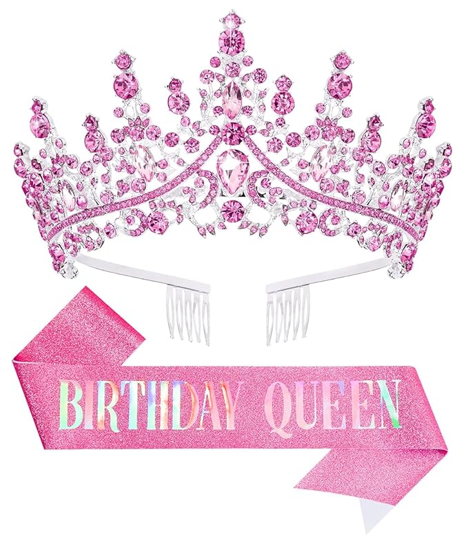 Birthday Tiara Crown with Sash for Women, Headband Hair Accessories for Wedding Party Costume Pink