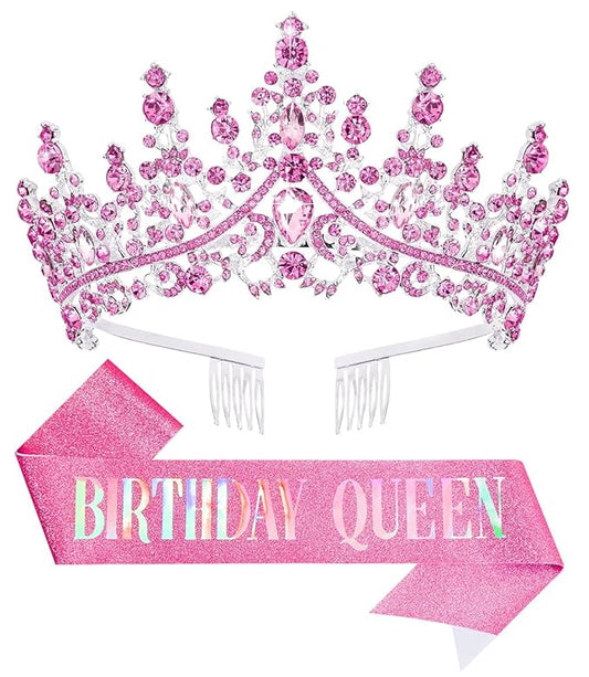 Birthday Tiara Crown with Sash for Women, Headband Hair Accessories for Wedding Party Costume Pink