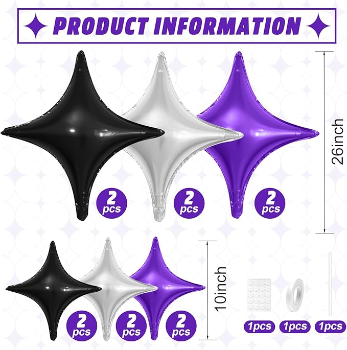 Black Purple Silver Star Balloons,12Pcs Four Angle Star Foil Balloons,26Inch and 10Inch Black Silver Quadrangle Helium Balloon for Halloween Birthday Baby Shower Anniversary Party Decorations