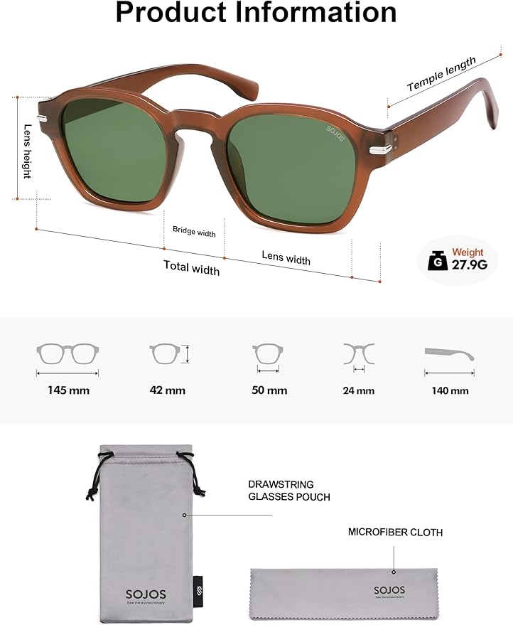 SOJOS Vintage Retro Square Polarized Sunglasses Men Standard Fit Trendy Womens Sun Glasses SJ2382