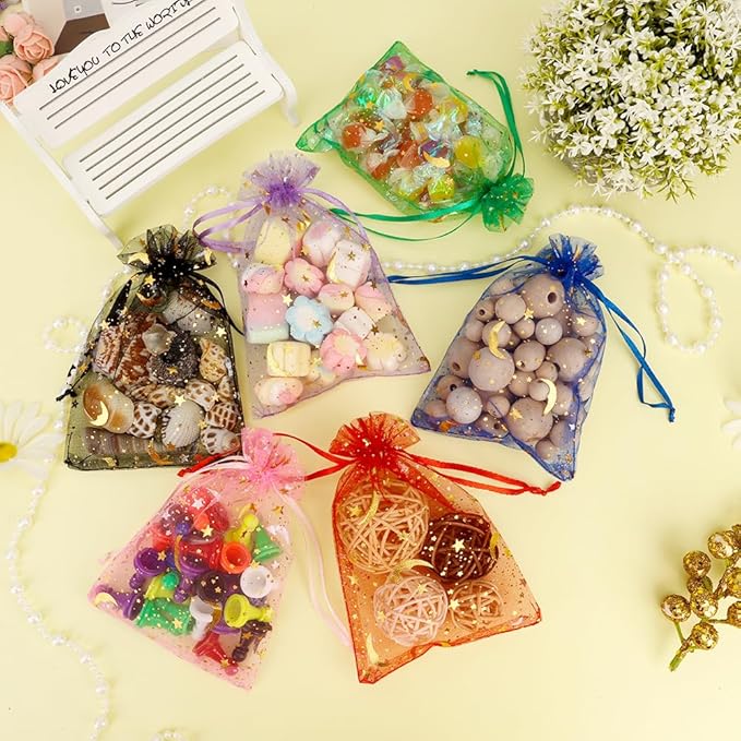 Moon Star Organza Bags 4x6 Small Mesh Bag Drawstring 50 Pcs Mesh Gift Bags Drawstring Pouch Jewelry Pouches Bulk Wedding Favor Bag Gift Pouch for Candy Make up Soaps Birthday Festival Party Supplies