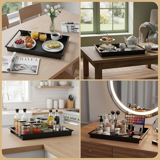 MyGift Decorative Serving Tray - Vintage Style Matte Black Metal Ottoman Coffee Table/Vanity Tray with Sleek Rounded Cutout Handles