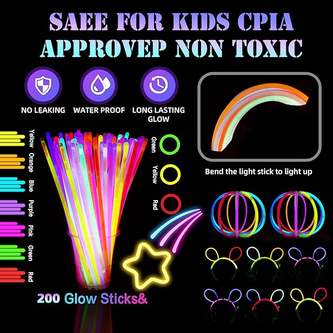 258 PCS Glow in the Dark Party Supplies,20 PCS Glow Fiber Optic Wands,20 PCS LED Glasses and 200PCS Glow Sticks Bulk Party Pack,18 Connector,New Years Eve, Wedding,Concert,Birthday