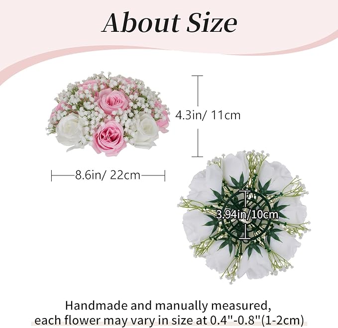 BLOSMON Fake Flowers Ball Centerpieces: 2 Pcs Pink Rose Babys Breath Artificial Flowers Wedding Decoration for Table Silk Kissing Floral Bouquet Arrangements for Home Party DIY Decor