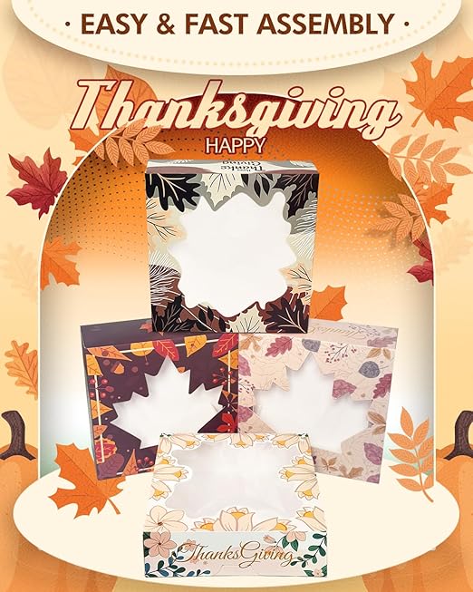 qiqee Thanksgiving Cookie Boxes with Window Fall Maple Leaf Bakery Treat Box for Fall Harvest Wedding Thanksgiving Party Supplies (30packs 8x8x2.5)