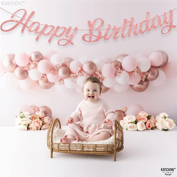 KatchOn, Glitter Rose Gold Happy Birthday Banner - Pre-Strung No DIY, 10 Feet | Happy Birthday Sign | Rose Gold Birthday Decorations | Bday Banner for Women | Happy Birthday Decorations