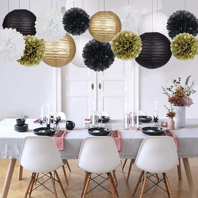 Black Gold Party Decorations, Black Gold Paper Lanterns and Pom Poms Flowers for Birthday Party Graduation Masquerade New Years Party Decor 15PCS
