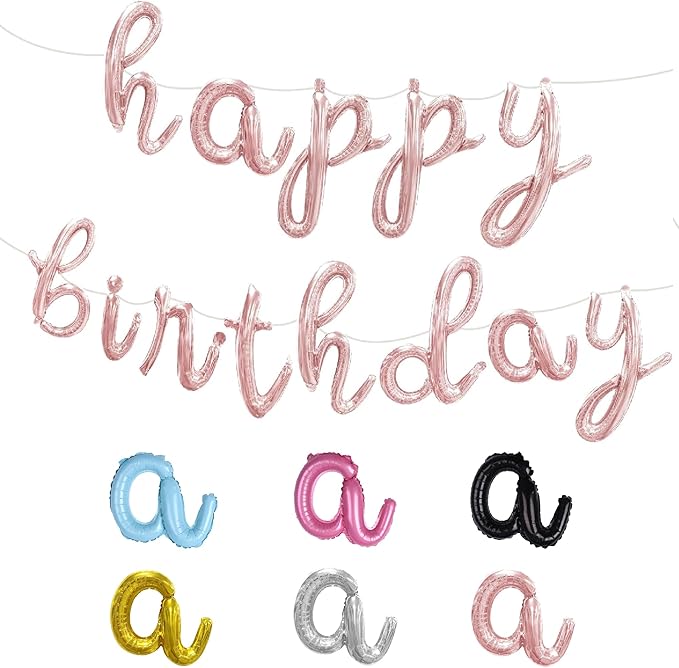 BALLOON VIBE Rose Gold Happy Birthday Balloon Banner - Script/Cursive Mylar Foil Letters Banner for Birthday Decor - Balloons Letters Sign with 4 Straws & Ribbon Roll - Rose Gold