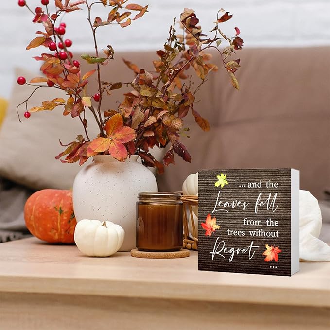 Funny Autumn Wood Box Sign Leaves Fall From the Trees without Regret Wooden Block Desk Decor for Home Office Kitchen Cubicle Table Shelf Tabletop,Farmhouse Fall Sign Decor