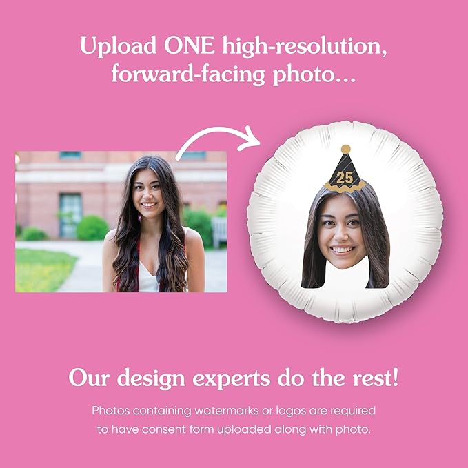 Big Dot of Happiness Personalized Adult Happy Birthday Black & Gold Cone Hat Fun Face Photo Balloon, Kids Birthday Party Decorations, Custom Double-Sided Circle Mylar, 1 Piece