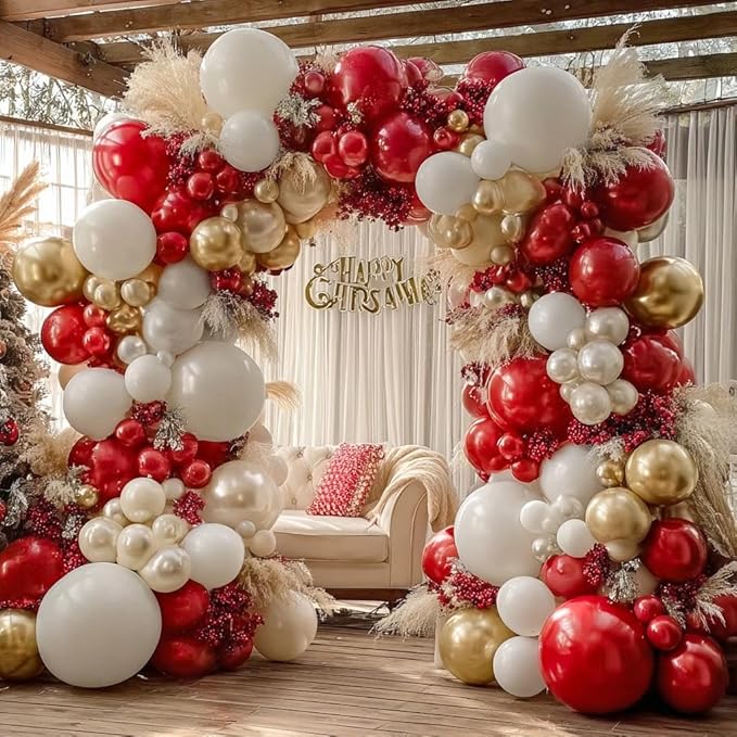 Red White Gold Balloon Garland Double Stuffed Burgundy Red White Sand Pearl Balloon Arch Kit Maroon Wine Balloons for Birthday Wedding Engagement Anniversary Christmas New Year Party Decorations