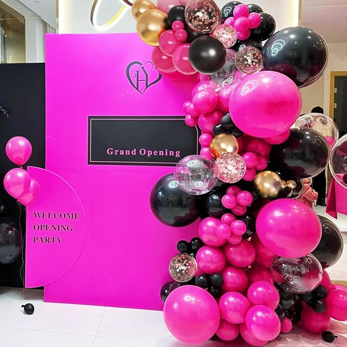 Red Black Gold Balloon Garland Arch Kit, 156 Hot Pink Black Gold Metallic Balloons for Birthday, Wedding, Anniversary, Festival, Bachelorette, Gender Reveal