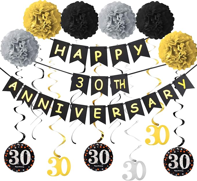 Yoaokiy 30th Anniversary Party Decorations Kit - Gold Happy Banner, 9 Hanging Swirls, 6 Poms for Wedding Celebration Supplies