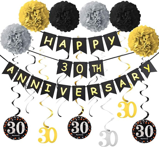 Yoaokiy 30th Anniversary Party Decorations Kit - Gold Happy Banner, 9 Hanging Swirls, 6 Poms for Wedding Celebration Supplies