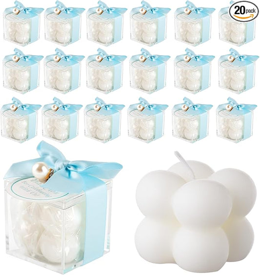 20 Pcs Small Bubble Candles Elegant Party Favors Bulk Set with Decorative Ribbons Thank You Cards for Bridal Shower Guest Gifts (20, Blue)