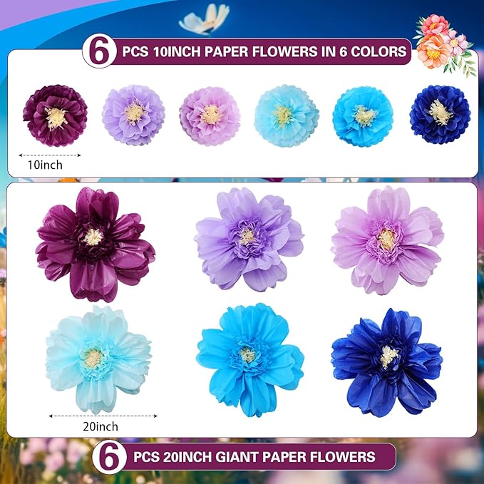 Crowye 12 Pcs Large Colorful Tissue Paper Flowers Decorations 20" Giant Fiesta Crepe Paper Flowers for Wall Decor Backdrop Mexican Wedding Birthday Baby Shower Carnival Party Craft (Multicolor)