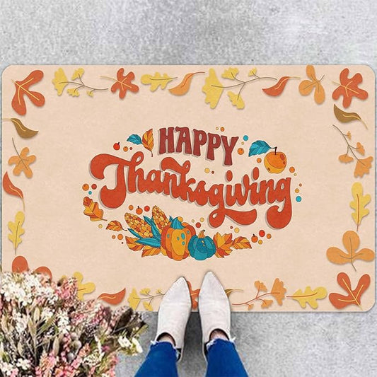 Happy-Thanksgiving Door Mat Fall Welcome Mat for Front Door, Autumn Harvest Seasonal Non Slip Doormat for Entrance Entryway Outside, 24"x16"inch