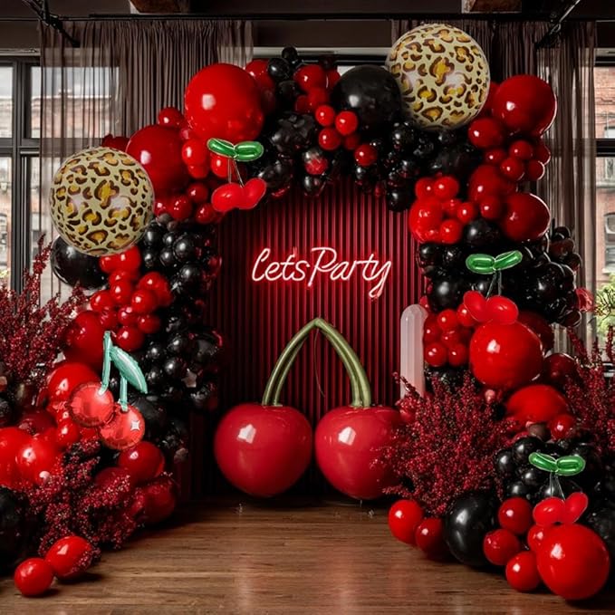 Red Black Balloon Arch Kit, Double Stuffed Black Burgundy Ruby Red Balloon Garland Foil Cheetah Print Balloons for Cherry Birthday Bachelorette Baby Shower Halloween Party Decorations
