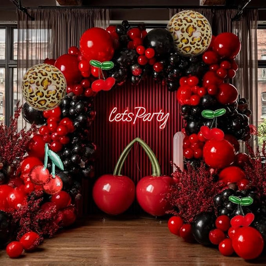Red Black Balloon Arch Kit, Double Stuffed Black Burgundy Ruby Red Balloon Garland Foil Cheetah Print Balloons for Cherry Birthday Bachelorette Baby Shower Halloween Party Decorations