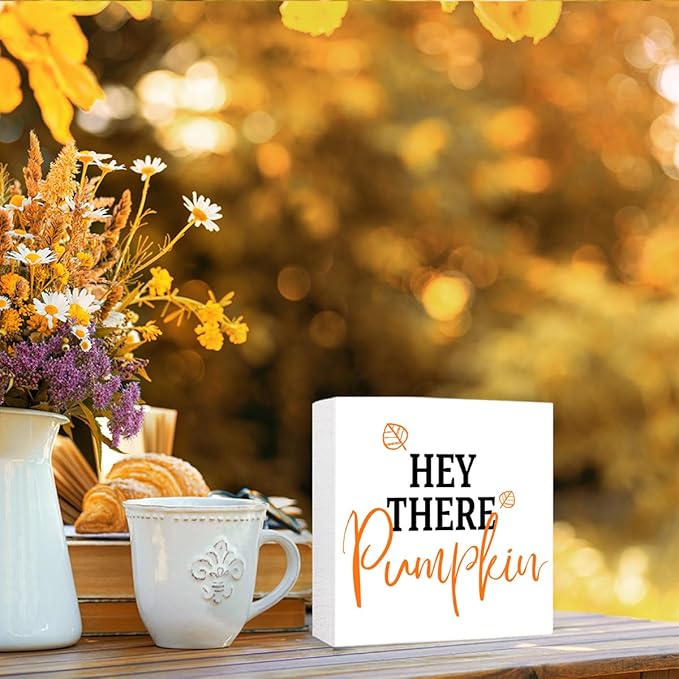 Funny Autumn Maple Leaves Wood Box Sign Hey There Pumpkin Wooden Block Desk Decor for Home Office Kitchen Cubicle Table Shelf Tabletop,Farmhouse Fall Sign Decor