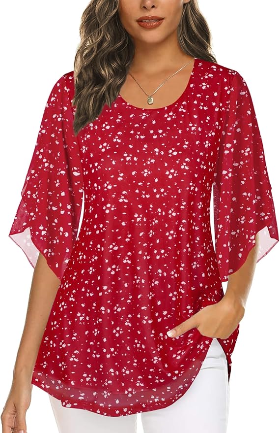 Ninedaily Women's Tops 3/4 Sleeve Blouses Dressy Casual Double Layers Mesh Tunic Shirts