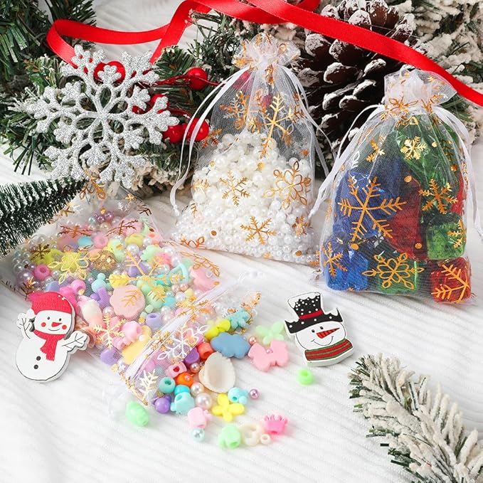 Christmas Organza Gift Bags 4x6 Gold Snowflake Mesh Bag Drawstring 50 Pcs White Mesh Gift Bags Drawstring Xmas Favor Bags Jewelry Pouches Bulk Gift Pouch for Birthday Wedding Christmas Party Supplies