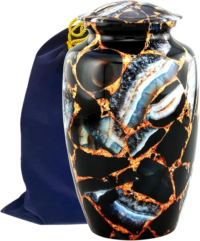 Memorial Cremation Urns for Human Ashes | Handcrafted Large Burial Marble Finish Adult Cremation Urn, Funeral Decorative Urns for Female & Male | 200 lbs with Velvet Bag (Luxury Black)