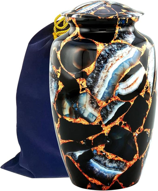 Memorial Cremation Urns for Human Ashes | Handcrafted Large Burial Marble Finish Adult Cremation Urn, Funeral Decorative Urns for Female & Male | 200 lbs with Velvet Bag (Luxury Black)