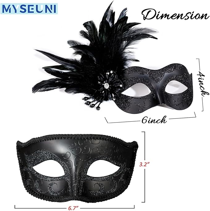 2025 New Masquerade Mask with Feather for Couples - Women's Masquerade Mask with Feather & Men Venetian Costume Mask