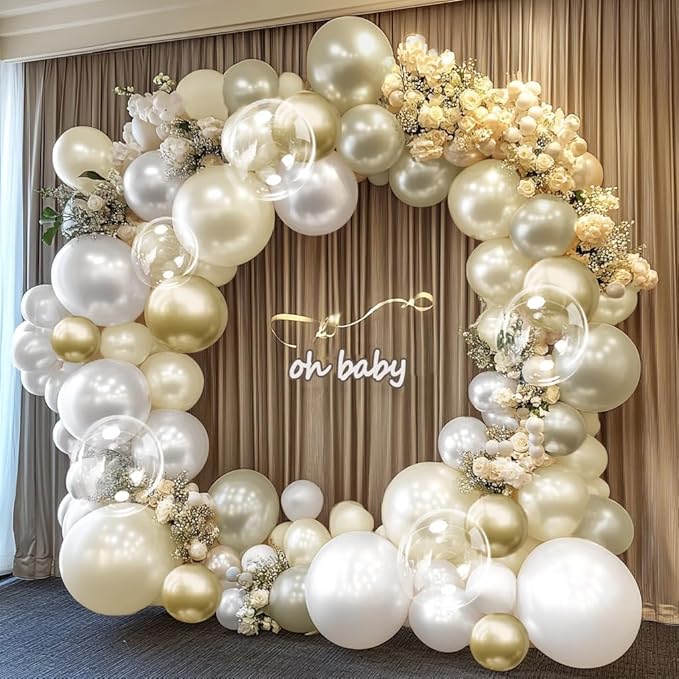 White Gold Balloon Arch Double Stuffed Pearl White Sand Cream Gold Balloon Garland Kit Pearl Ivory Beige Balloons for Wedding Baptism Bridal Shower Birthday Baby Shower Bachelorette Party Decor