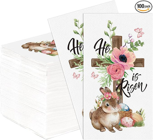 100Pcs He is Risen Napkins Disposable Easter Paper Napkins, Religious Bunny Cross Egg Flowers Spring Guest Napkins Hand Towels for Easter Decorative Dinner Kitchen Bathroom Home Party Supplies