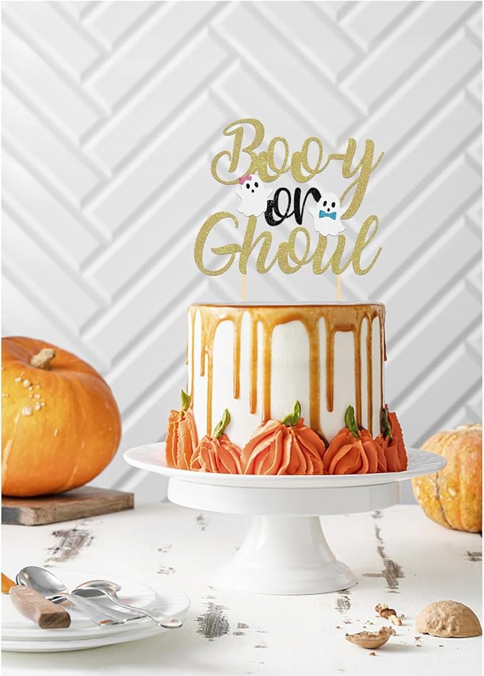 Halloween Boy or Girl Cake Topper - Gender Reveal for Baby Shower - Black-Gold