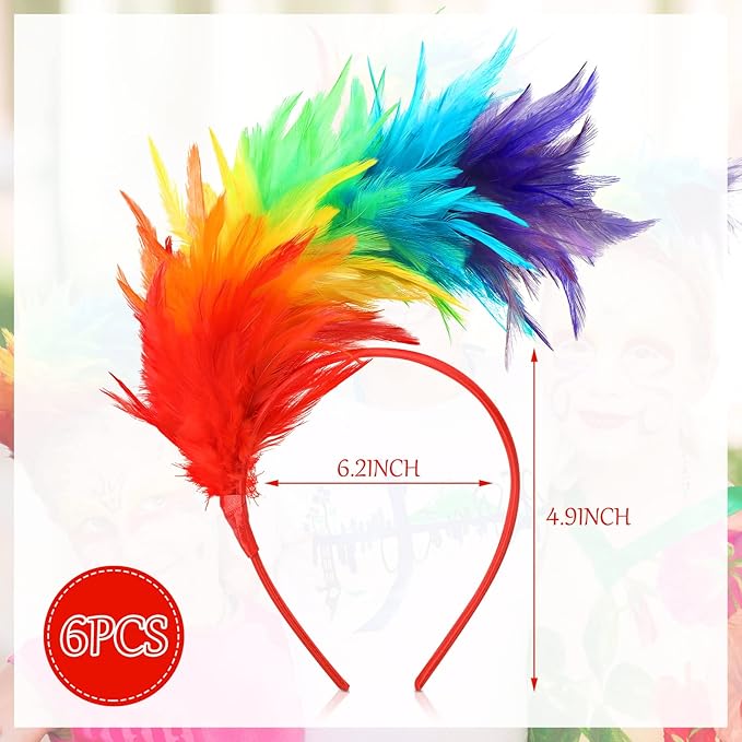 Yunlly 6 Pcs Mardi Gras Fascinator Feather Headband 1920 Feather Headband Hat Parrot Hair Band Party Costume Women Accessory(Rainbow)