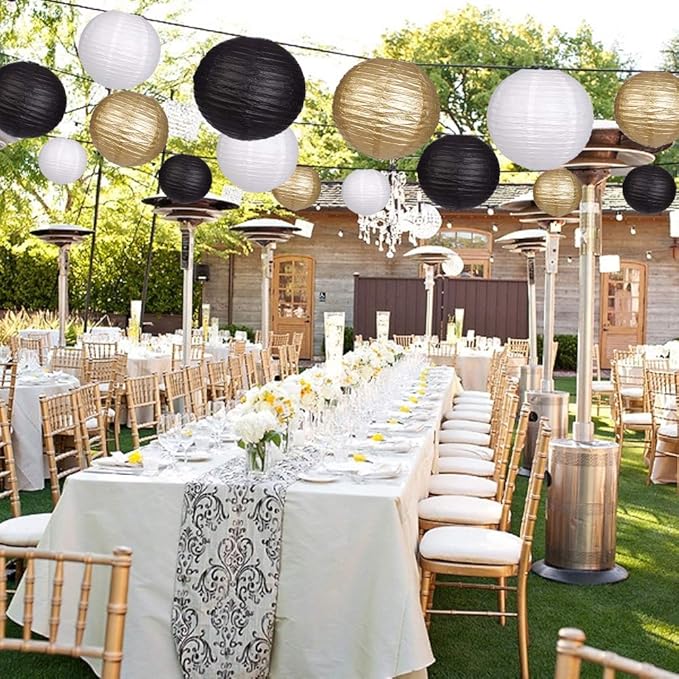Paper Lanterns Decorative, Round Hanging Paper Lanterns Decorations for Wedding Graduation Anniversary Birthday Party Supplies Black/Gold/White 15pcs